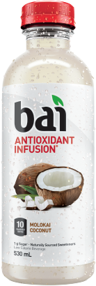 Bottle of Bai Molokai Coconut drink filled with white liquid and a red cap, the label reads: Bai Antioxidant Infusion, 10 Calories / Bottle