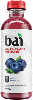 Bottle of Bai Brasilia Blueberry drink filled with purple liquid and a red cap, the label reads: Bai Antioxidant Infusion, 10 Calories / Bottle