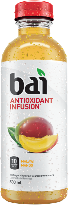 Bottle of Bai Malawai Mango drink filled with yellow liquid and a red cap, the label reads: Bai Antioxidant Infusion, 10 Calories / Bottle