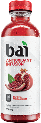 Bottle of Bai Ipanema Pomegranate drink filled with red liquid and a red cap, the label reads: Bai Antioxidant Infusion, 10 Calories / Bottle