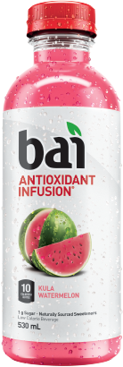 Bottle of Bai Kula Watermelon drink filled with pink liquid and a red cap, the label reads Bai Antioxidant Infusion, 10 Calories / Bottle